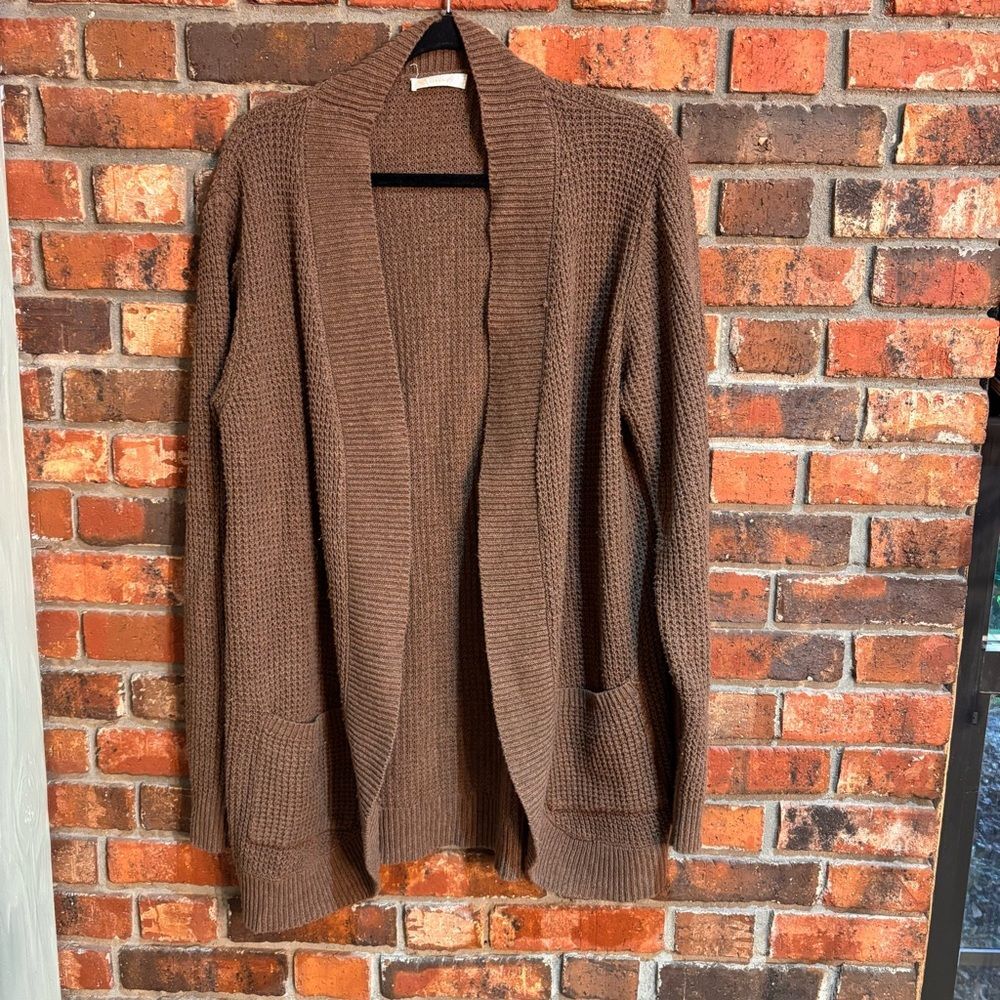Kirundo womens waffle knit open front pockets cardigan sweater brown XL